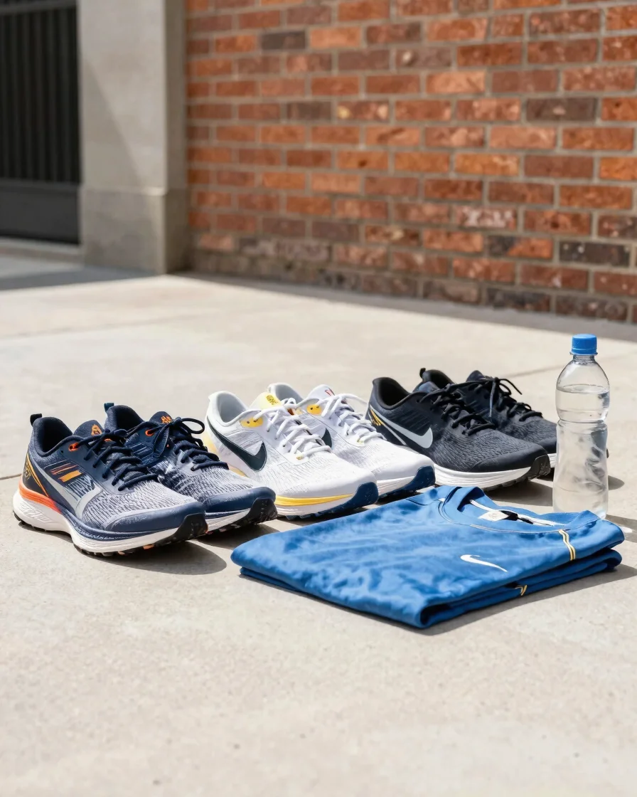 Wide editorial product photograph in bright natural daylight: a neatly arranged set of running shoes, a folded performan