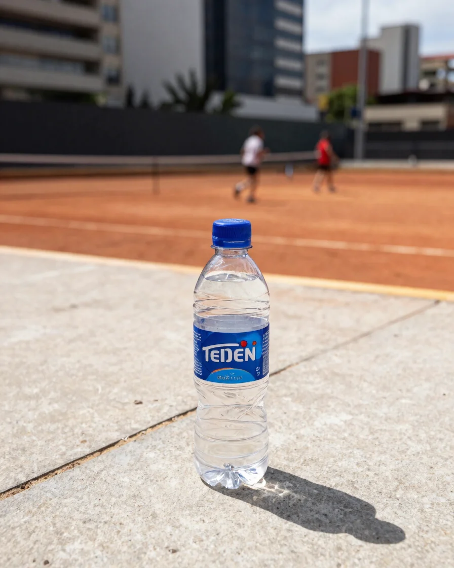 Tenis de running y una botella de agua sobre una superficie de concreto claro, luz natural brillante de mañana, lente 35